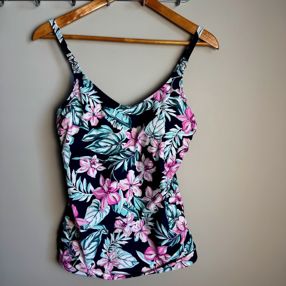 Krista Women's Large Dark Floral Tankini Swim Top Spaghetti Straps Multicolor